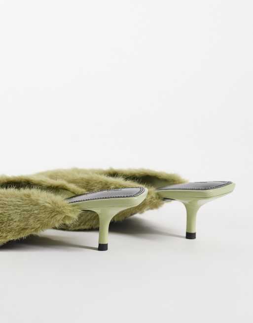 ASOS DESIGN Surprise pointed kitten heeled mules in green fur, 3 of 4