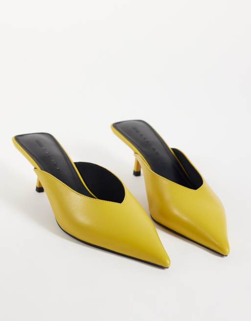 ASOS DESIGN Surprise pointed kitten heeled mules in yellow, 2 of 4
