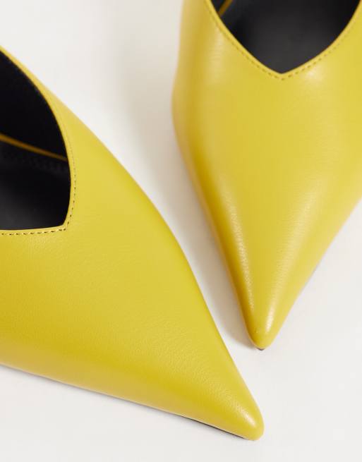 ASOS DESIGN Surprise pointed kitten heeled mules in yellow, 4 of 4