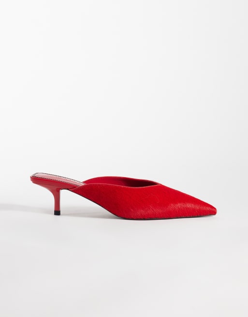 ASOS DESIGN Surprise premium hair on real leather pointed kitten heeled mules in red, 2 of 4