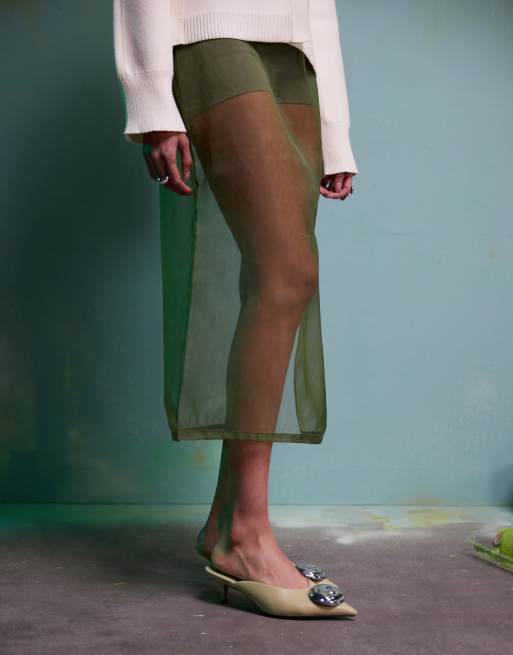 ASOS DESIGN Surprise trim detail mid heeled mules in pistachio, 3 of 4