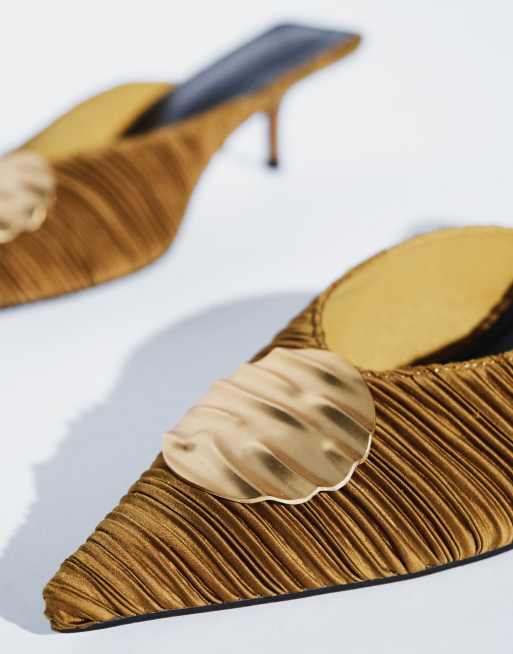 ASOS DESIGN Surprise wavy trim detail pointed kitten heeled mules in Orche, 2 of 4