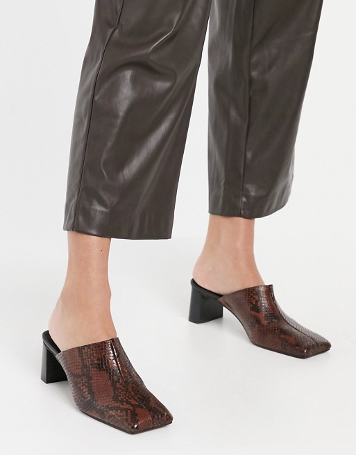 ASOS DESIGN Surreal premium leather mid heeled mules in snake