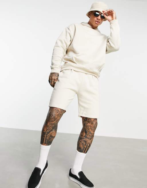 ASOS DESIGN - Survêtement oversize avec sweat à capuche et short à pinces - Beige