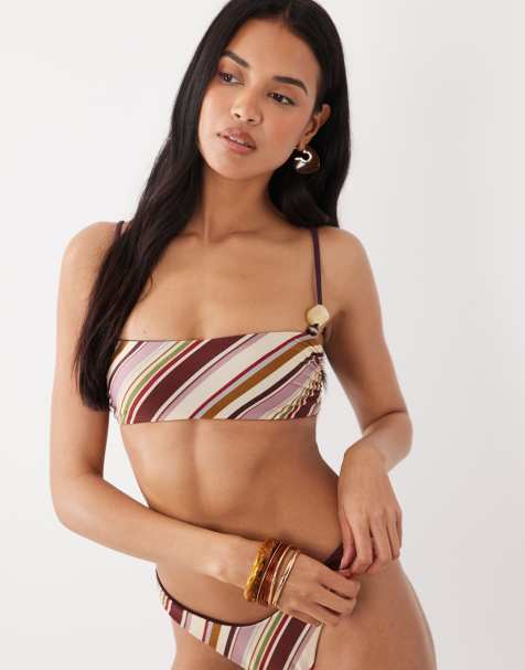 ASOS DESIGN Susie Sue stripe reversible crop bikini top with resin bead in damson stripe - view 1