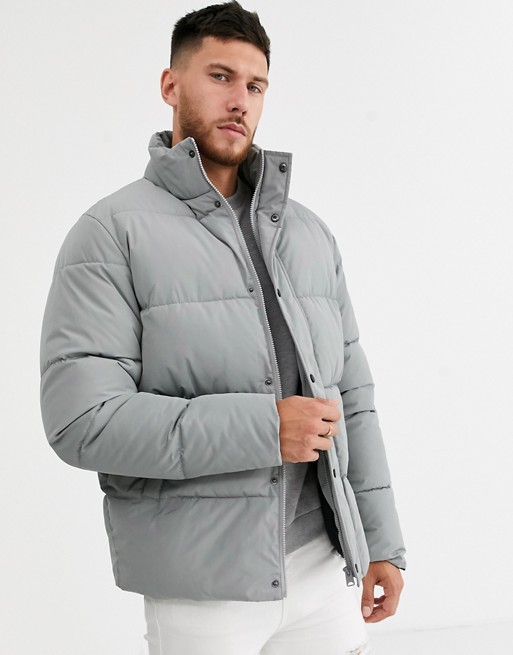 ASOS DESIGN sustainable puffer jacket in grey with funnel neck | ASOS