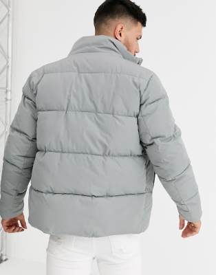 asos design sustainable puffer jacket in black with funnel neck