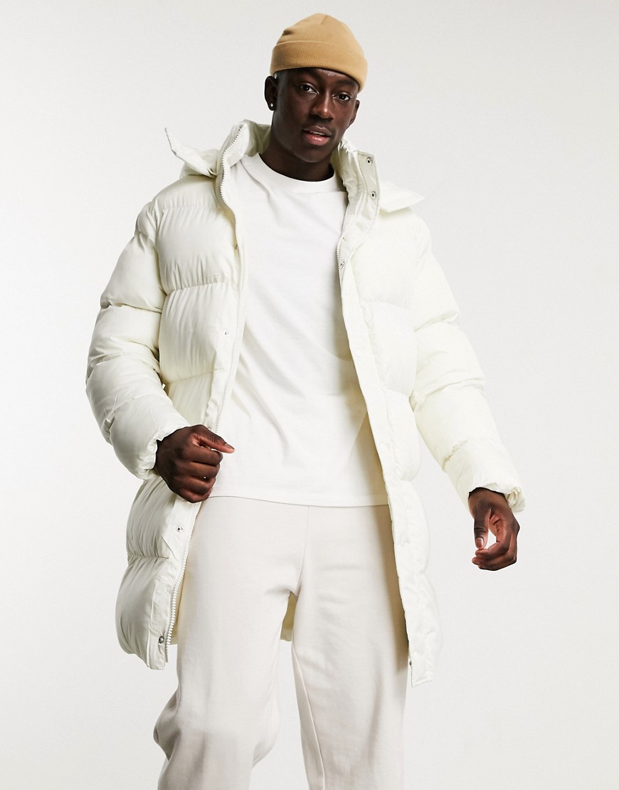 ASOS DESIGN sustainable puffer jacket in longerline in ecru-White