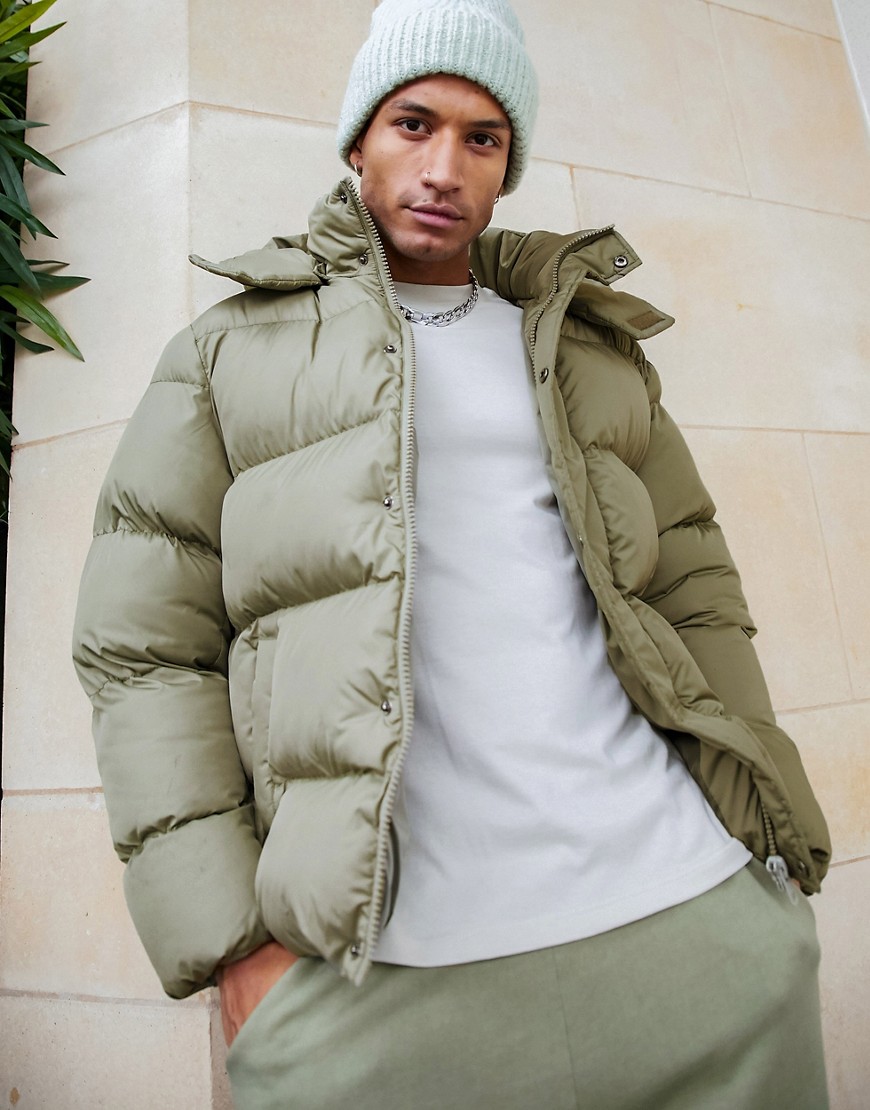 ASOS DESIGN sustainable puffer jacket with detachable hood in khaki-Green