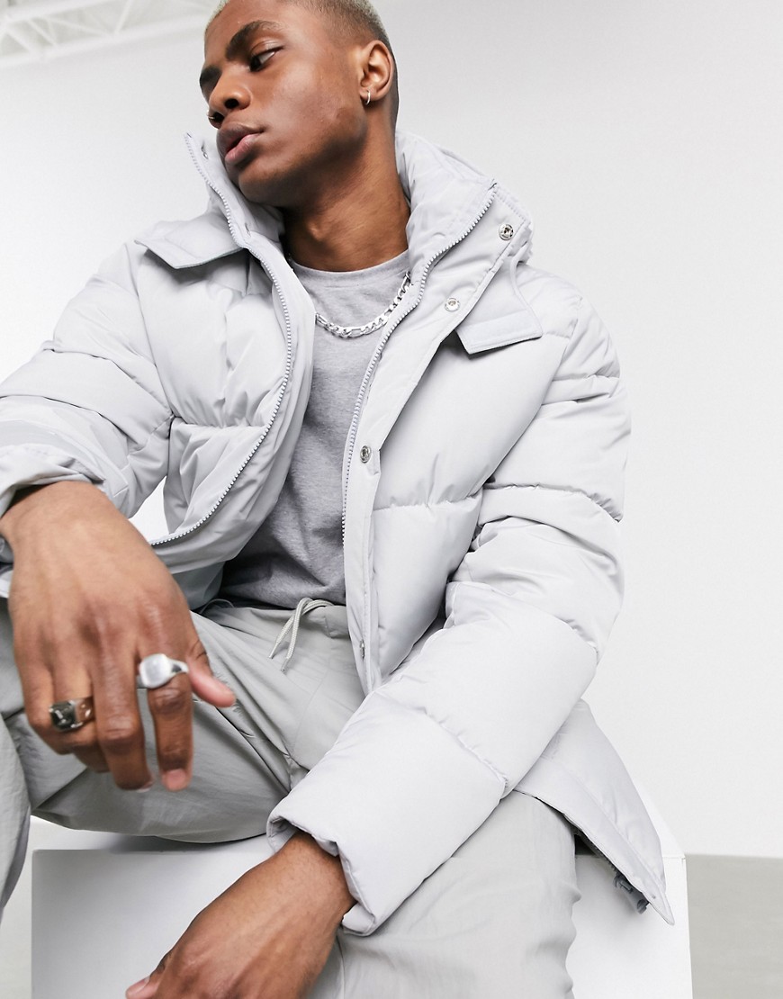 ASOS DESIGN sustainable puffer jacket with hood in gray