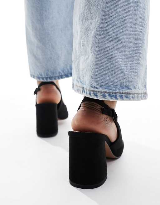 ASOS DESIGN Sutton slingback mid block heels in black suedette | ASOS