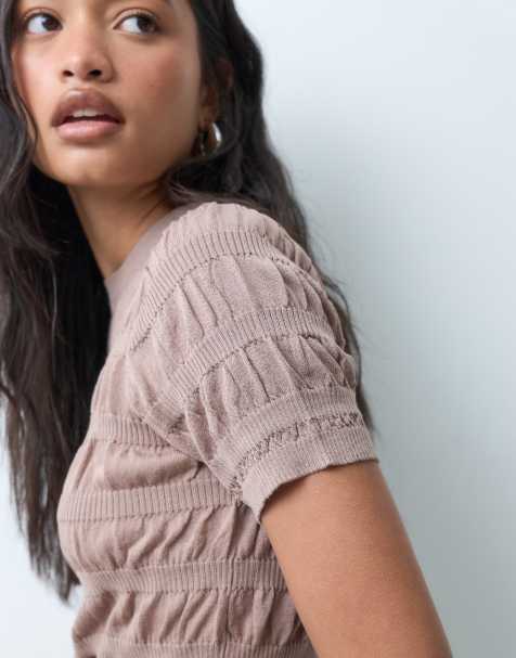 ASOS DESIGN - Svampefarvet T-shirt med rynker i fint strik - view 1