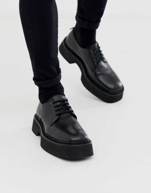 ASOS DESIGN – Svara skor i läder med fyrkantig tå, snörning och blockfärgad, tjock sula