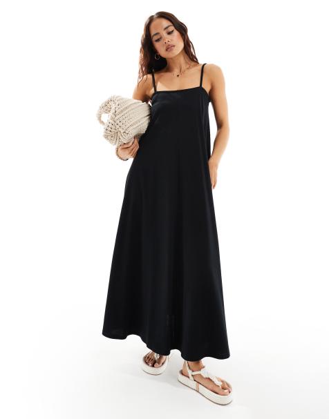 ASOS DESIGN – Svart, a-linjeformad midiklänning med smala axelband - view 1