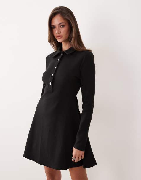 ASOS DESIGN – Svart, a-linjeformad miniklänning med krage och knäppning framtill - view 1