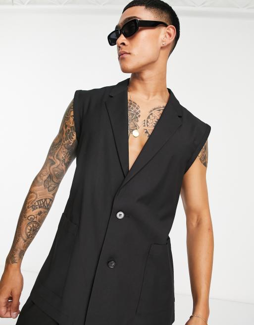 ASOS DESIGN – Svart ärmlös kavaj med smal passform, del av kostym