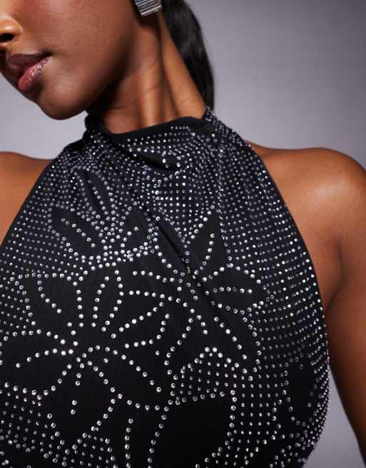 ASOS DESIGN – Svart, ärmlös maxiklänning med hög krage och strassprydda blommor, 4 av 4