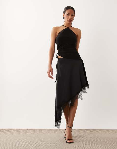 ASOS DESIGN – Svart, asymmetrisk midikjol i polyamid med spetskant - view 1