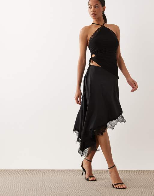 ASOS DESIGN – Svart, asymmetrisk midikjol i polyamid med spetskant, 5 av 5