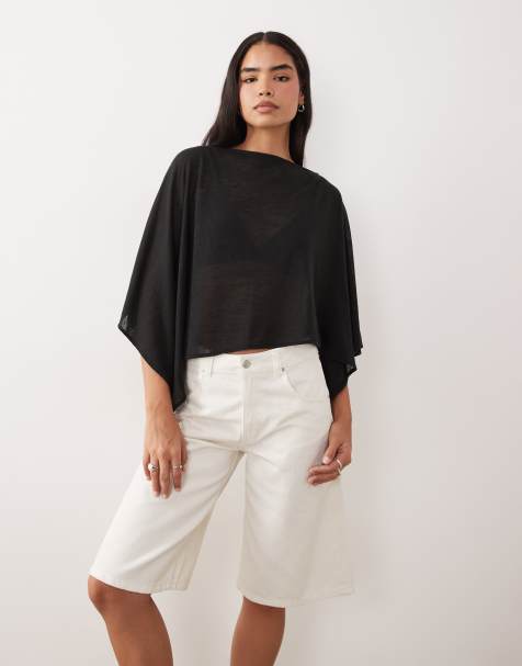 ASOS DESIGN – Svart, asymmetrisk och skir cape med slubvävd textur - view 1