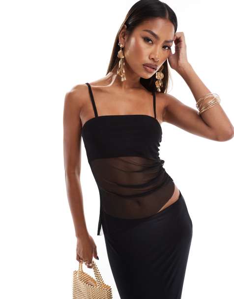 ASOS DESIGN – Svart, åtsmitande asymmetriskt linne med överlager i mesh, del av set - view 1