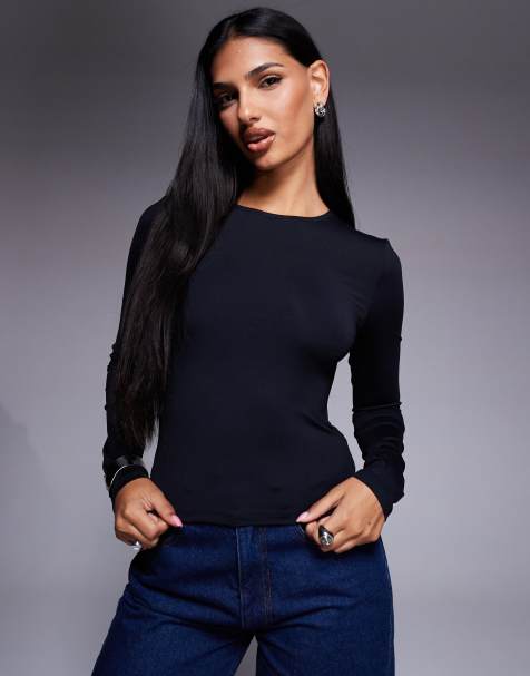 ASOS DESIGN – Svart, åtsmitande topp i polyamid med långa ärmar - view 1
