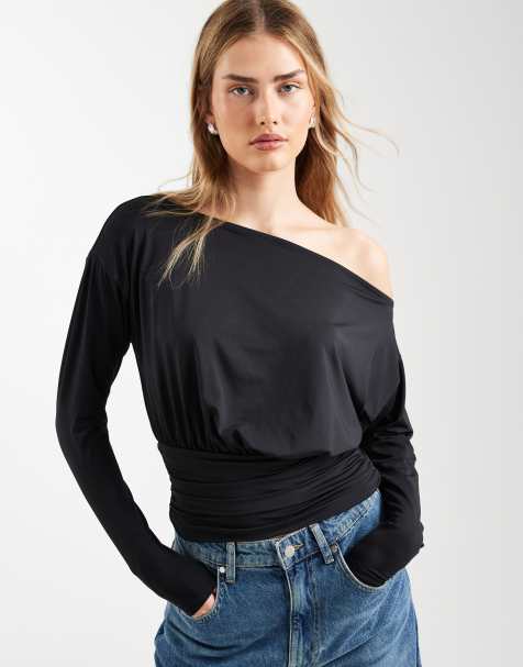 ASOS DESIGN – Svart, åtsmitande topp med bara axlar, långa ärmar och markerad midja - view 1