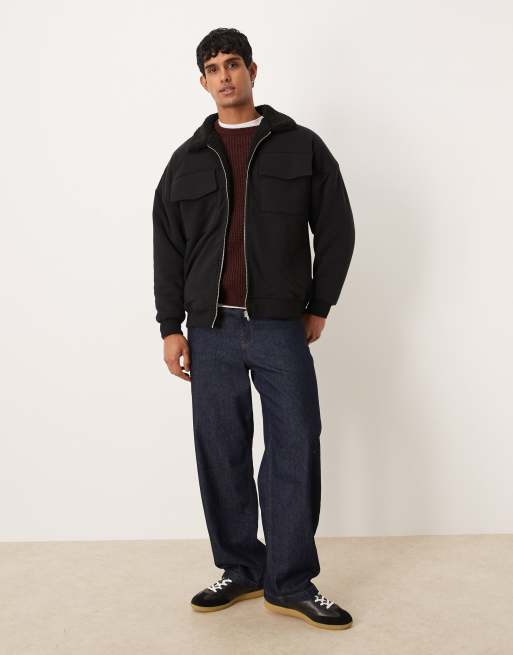 ASOS DESIGN – Svart, avslappnad jacka med teddyfoder och dragkedja, 2 av 5