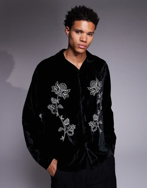 ASOS DESIGN – Svart, avslappnad skjorta i sammet med blombroderi - view 1