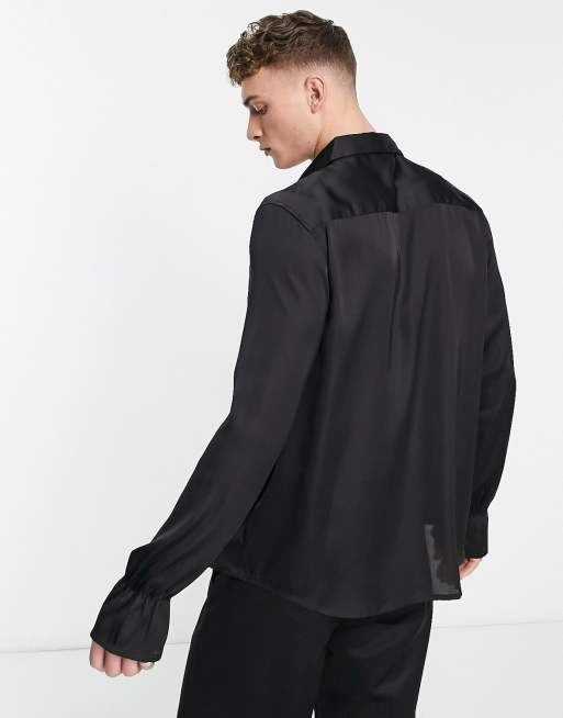 ASOS DESIGN – Svart avslappnad skjorta i satin med utställda ärmar , 4 av 4