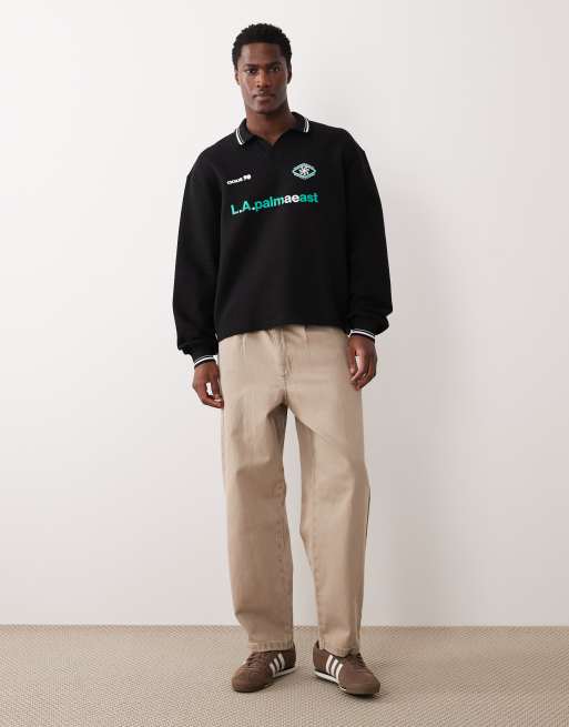ASOS DESIGN – Svart, avslappnad, strukturerad sweatshirt i rugbystil med pikékrage, 2 av 5