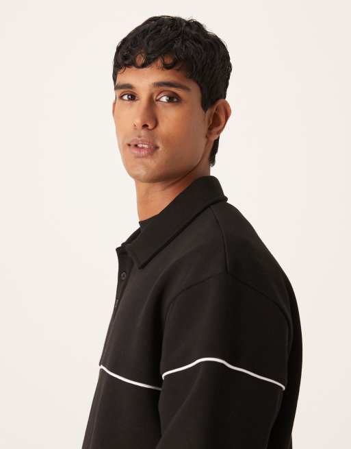 ASOS DESIGN – Svart, avslappnad sweatshirt med pikékrage och passpoaler, 4 av 5