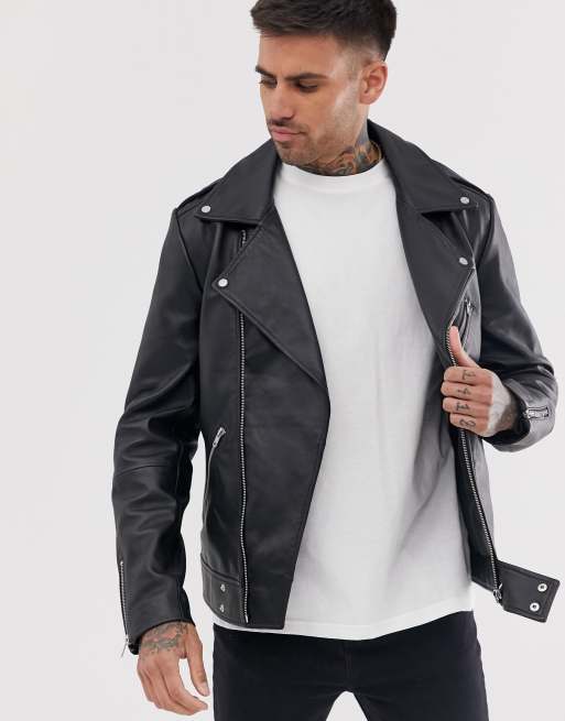 ASOS DESIGN – Svart bikerjacka i skinn