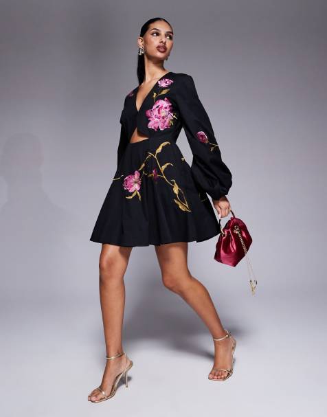 ASOS DESIGN – Svart, blombroderad miniklänning med utskurna detaljer - view 1