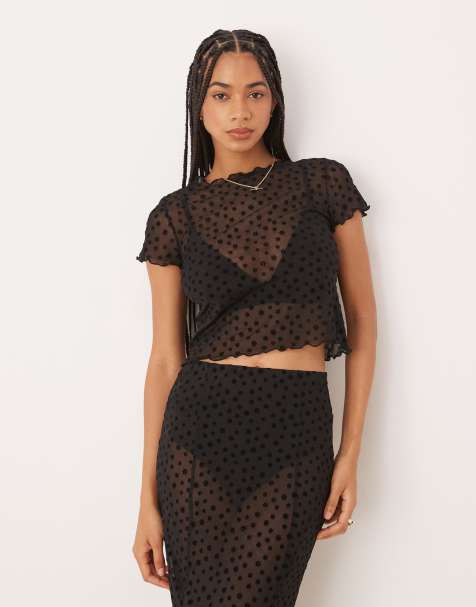 ASOS DESIGN – Svart, blommig, flockad crop top i mesh - view 1