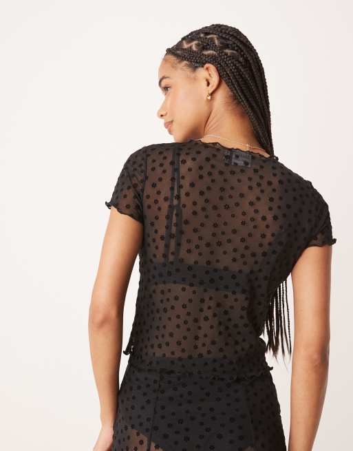 ASOS DESIGN – Svart, blommig, flockad crop top i mesh, 4 av 4