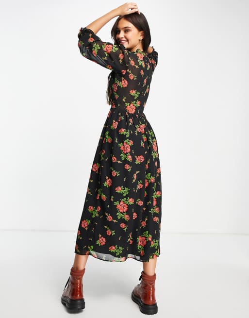 ASOS DESIGN – Svart, blommig klänning i midilängd med smockade muddar , 2 av 4