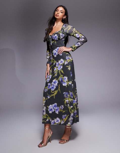 ASOS DESIGN – Svart, blommig midiklänning i milkmaid-stil med långa ärmar - view 1