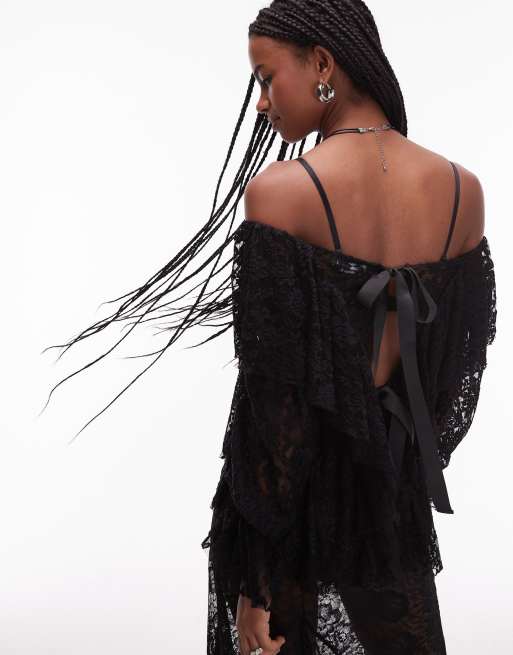 ASOS DESIGN – Svart blus i spets med volym, spets och volang, 4 av 4