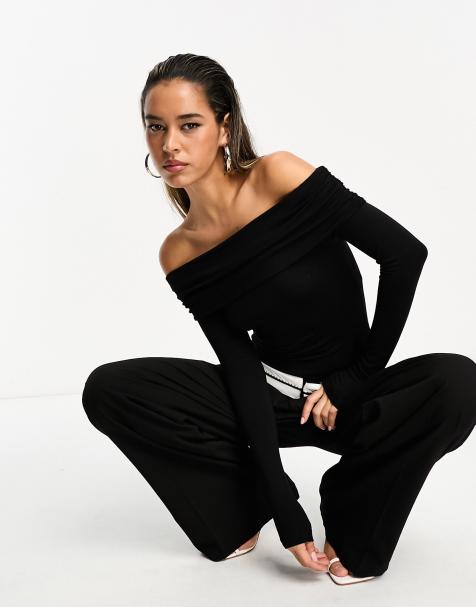 ASOS DESIGN – Svart body i bomull och modal med nedvikt bardotringning - view 1
