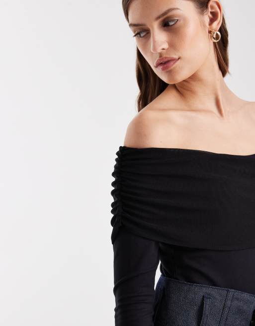 ASOS DESIGN – Svart body i bomullsmesh med bardotringning och långa ärmar, 3 av 4