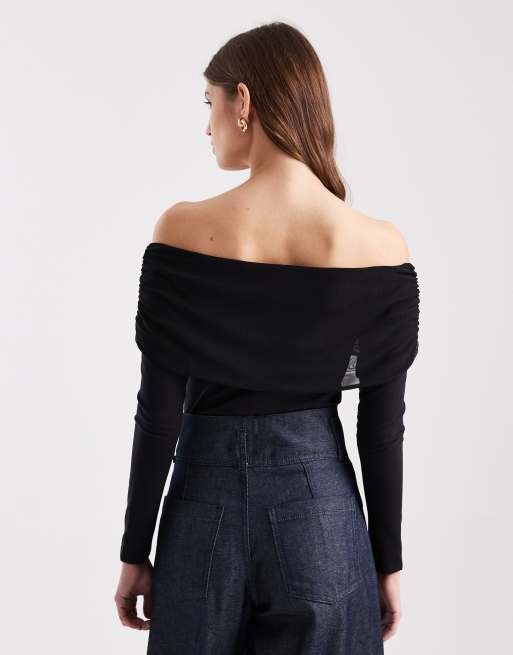 ASOS DESIGN – Svart body i bomullsmesh med bardotringning och långa ärmar, 4 av 4