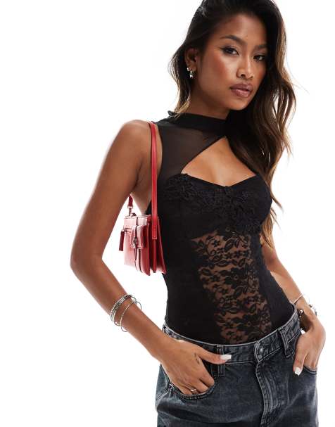 ASOS DESIGN – Svart body i mesh och spets - view 1