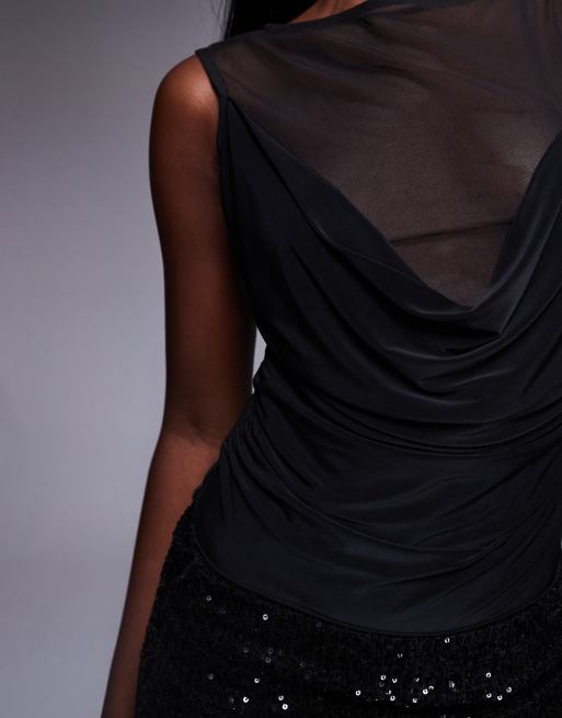 ASOS DESIGN – Svart body med drapering framtill av mesh och silkigt tyg, 3 av 4