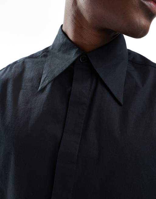 ASOS DESIGN – Svart, boxig, kort poplinskjorta i 70-talsstil med krage , 4 av 4