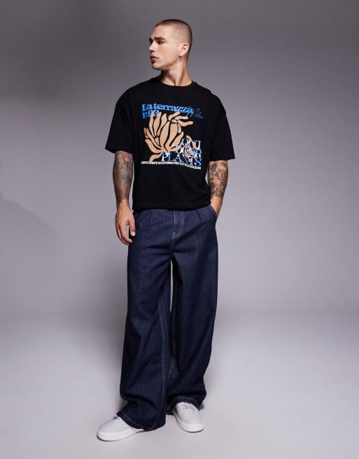 ASOS DESIGN boxy oversized T-shirt with floral graphic in black