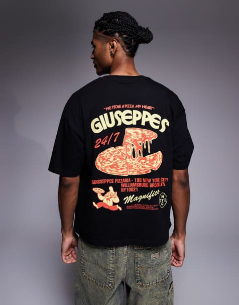 ASOS DESIGN – Svart, boxig t-shirt i oversize med pizzatryck - view 1
