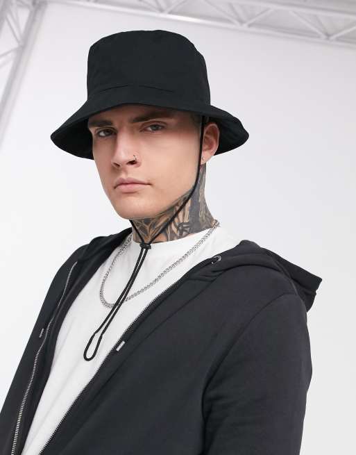ASOS DESIGN – Svart bredbrättad solhatt i safaristil med dragsko, 4 av 4