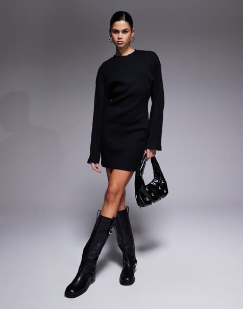 ASOS DESIGN – Svart, bredribbad miniklänning med knappdetalj och rund halsringning - view 1