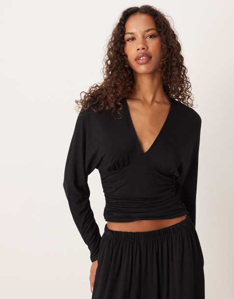ASOS DESIGN – Svart, draperad topp med långa ärmar och v-ringning, del av set - view 1